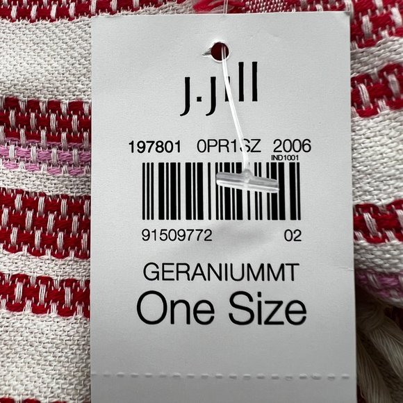 J Jill Scarf Red Blue Cream Striped Cotton Geranium Fringe 70" x 46" NEW - Picture 3 of 6